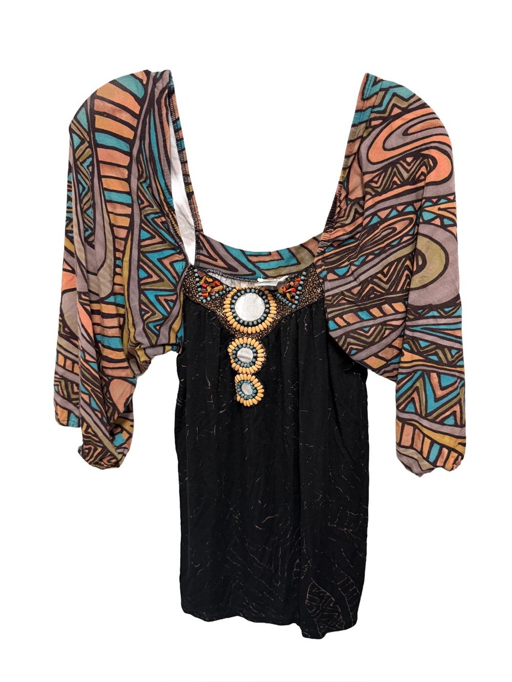 Krista Lee Women's Small Boho Beaded Bkack & Gold Multicolored Geometric Blouse